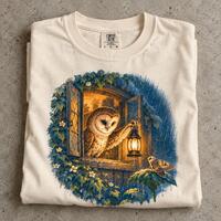 Owl Lantern Window T-Shirt | Owl Lantern Shirt, Cozy Night Gift, Cottage Window