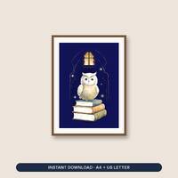 Nursery Wall Art Printable, Dark Academia Owl on Books Print, Reading Nook Kids Room Decor, Baby Sho