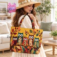 Owl Quilted Tote Bag, Printed Faux Patched Owl Nature Aesthetic Shoulder Bag, Animal Nature Boho Han