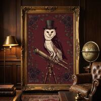 Vintage Barn Owl with Telescope Print, Dark Academia Wall Art, Victorian Gothic Moody Decor, Steampu