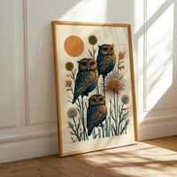 Folk Art Bird Print, Three Owls Among Wildflowers in Navy and Ochre