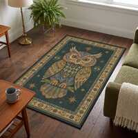 Folk Owl Area Rug, Olive and Copper Owl Under Stars, Study Room Rug