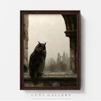Eagle Owl Painting, Gothic Abbey Ruins Wall Art, Dark Academia Vintage Owl Printable