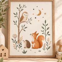 Woodland Nursery Print &ndash; Owl, Squirrel & Hedgehog Moon and Stars Art