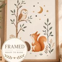 Framed Woodland Nursery Print &ndash; Owl, Squirrel & Hedgehog Moon and Stars Art