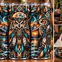 Owl Spirit Animal 20oz Skinny Tumbler Wrap PNG | Turquoise Owl Dreamcatcher Sublimation Design | Boh