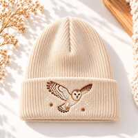 Flying Barn Owl Embroidered Beanie, Woodland Bird Knit Hat, Snowflake Embroidery Winter Cuffed Beani