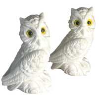 Vintage Italian White Alabaster Owl Figurines Pair Mid Century Glass Eyes Italy