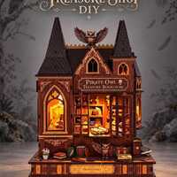 Pirate Owl Treasure Bookstore DIY Wooden Puzzle | 3D Miniature Bookshop Kit | Gothic Fantasy Dollhou