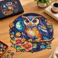 Owl Moon Floral Wooden Jigsaw Puzzle Blank, 15&times;13cm Animal Puzzle Craft Supply