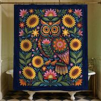 Folk Art Owl and Sunflower Fabric Shower Curtain for Garden Bathroom Decor