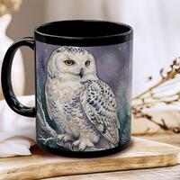 Custom Celestial Snowy Owl Mug, Starry Night Crescent Moon Black Coffee Cup, Watercolor Woodland Owl