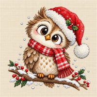 Cute Christmas Owl Embroidery Design, Winter Owl with Santa Hat and Red Scarf, Woodland Bird Holiday