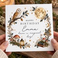 Personalised Owl Birthday Card, Enchanted Woodland Full Moon Greeting Card, Magical Mushroom Toadsto