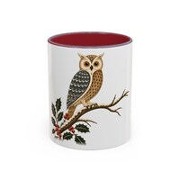 Owl Mug, Scandinavian Folk Art Owl and Holly Christmas Mug, Maroon Handle and Inside, Cozy Winter Gi