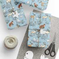 Woodland Animal Christmas Wrapping Paper, Fox Owl Reindeer Snow Gift Wrap, Blue Winter Wrap Roll