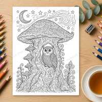 Mushroom Owl Coloring Page, Printable Adult Colouring Sheet, Whimsical Cottagecore Fantasy Forest Ar