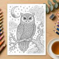 Starry Night Owl Coloring Page, Printable Adult Colouring Sheet, Whimsical Celestial Sky Art, Instan