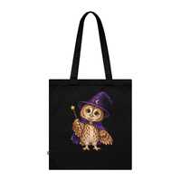 Wizard Owl Tote Bag | Magical Animal Organic Cotton Shopper | Black Book Bag