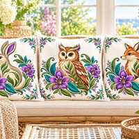 Woodland Animal Decorative Throw Pillows, Rabbit, Owl, Fox, Purple Floral Pillow, Cottagecore Farmho