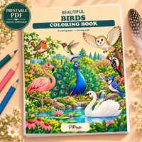 Printable Bird Coloring Book for Kids, Peacock, Owl, Flamingo, Nature Activity (PDF)