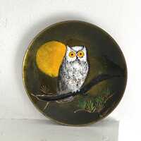 Vintage Copper Enamel Owl Plate: Artist Signed, Margaret Ratcliff, MCM, Moon