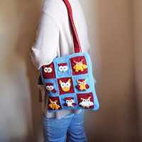 Handmade Crochet Granny Square Tote, Owl Patches Shoulder Bag, Cottagecore Purse, Boho Style Bag