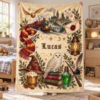 Personalized Wizard Owl Hedwig Blanket,Custom Name with Owl Book Castle Train and Potion,Flannel Thr