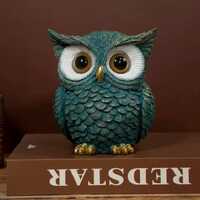 Teal Resin Owl Figurine with Gold Details, Vintage Bookshelf Decor for Home or Office
