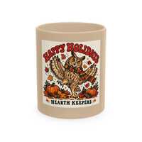 Happy Holidays Owl Mug, Autumn Thanksgiving Coffee Cup, Woodland Ceramic Mug