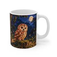 Voxel Owl Mug - Moonlit Oak Forest Animal Art, 11 oz Ceramic Coffee Cup