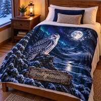 Personalized Snowy Owl Blanket, Custom Montana Winter Throw, Moonlit Mountain Blanket, Owl Lover Cab