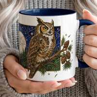 Stained Glass Owl Mug, Great Horned Owl Coffee Cup, Night Owl Gift, Moon and Forest Bird Mug, Owl Lo