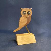 Handmade Wooden Sculpture of an Owl Made from Reclaimed Oak, Walnut, Mahogany and Teak Woods