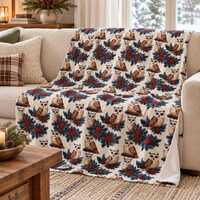 Woodland Owl and Winter Berry Velveteen Throw Blanket