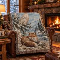 Snowy Owl and Fox Woodland Scene Woven Blanket