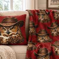 Cowboy Owl Throw Blanket and Pillow Case BUNDLE
