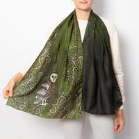Owl Hand Painted Green Silk Scarf Owl Lover Christmas Gift 61X18
