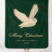 Personalized Owl Christmas Blanket or Tapestry, Custom Family Name Throw, Forest Green Holiday Decor