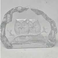 Vtg Nybro Sweden 2 owls sitting on a branch art glass paperweight clear etched