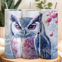 Winter Owl 20oz Tumbler Wrap PNG | Pink Blue Watercolor Sublimation Design for Skinny Straight Tumbl