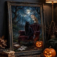Dark Academia Wall Art, Black Cat and Owl Print, Moody Vintage Halloween Decor, Gothic Witchy Digita