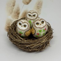 Set of 3 mini owls in a nest, polymer clay animal figurines