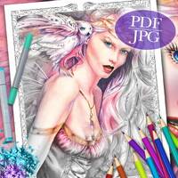 Fairy & Owl Grayscale Coloring Page: 'Into the Night' (PDF)