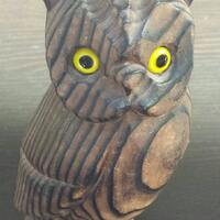 Beautiful vintage carved owl made of cryptomeria wood. 6" high. Yellow glass eyes.