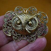 medium Owl head night bird on oval filigree scrolled scalloped edge brass pin pendant I love owls lo