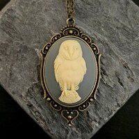 Owl Cameo Necklace: Grey Antiqued Brass, Long Resin Pendant