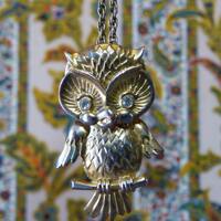 Gold tone metal and white rhinestone owl shaped necklace - quirky animal mid century pendant & b