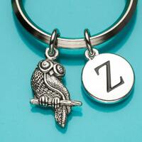 Owl Keychain, Owl Key Ring, Owl on Branch, Bird Charm, Initial Keychain, Personalized Keychain, Cust