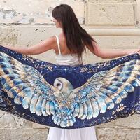 New Night Owl Wing Scarf, Acclaimed British Artist, Silk,  cotton shawl, Mothers Day, gift for her, 